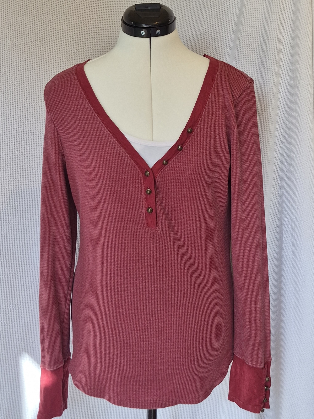 Pilcro Red Waffle V-Neck Henley Top